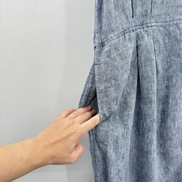 Lands' End 100% Linen Midi Shirt Dress Sz L (14-16) Chambray Blue Pockets Beachy - Picture 5 of 12